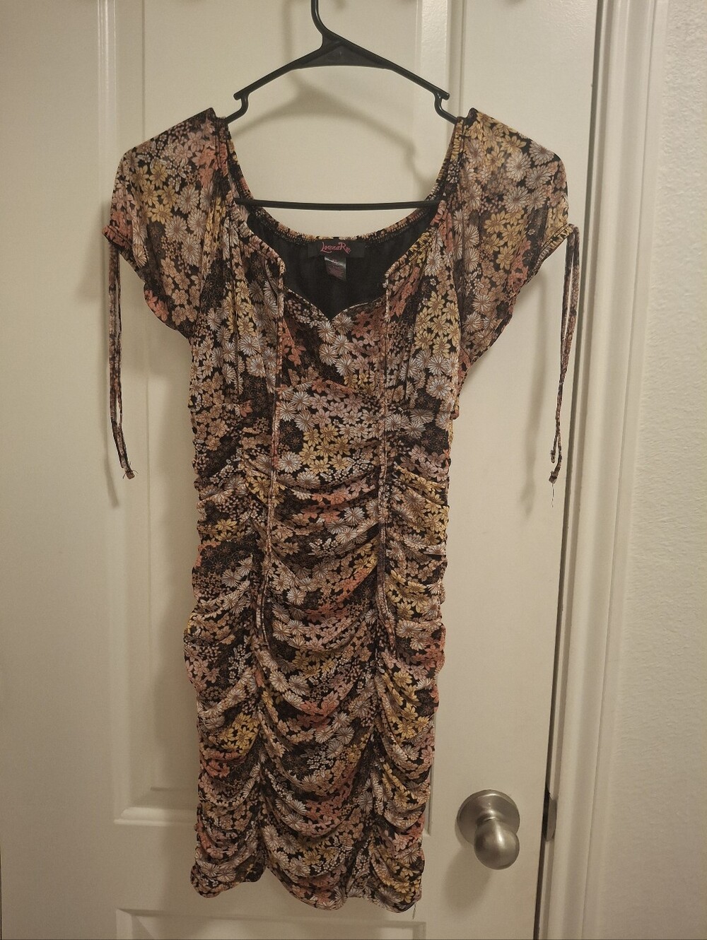 Ruched Floral Midi Dress in Black and Multi